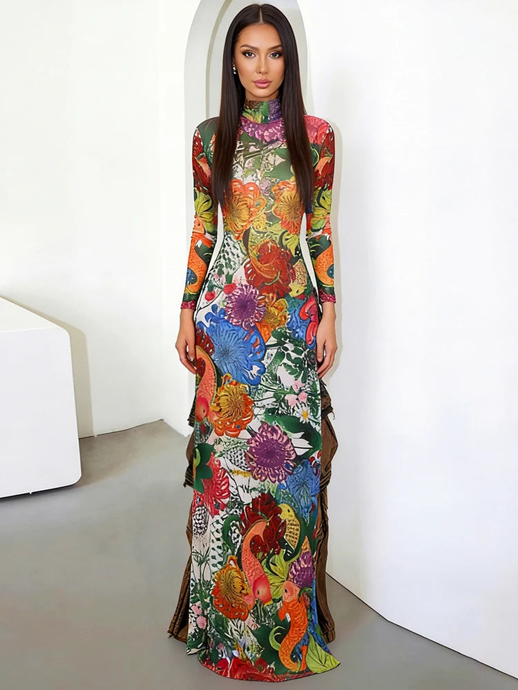 Kliou Colorful Flower Print Extended T-Shirts Woman o-Neck Full Sleeve High Waist Splits Hem Spring Trend Elegant Streetwear