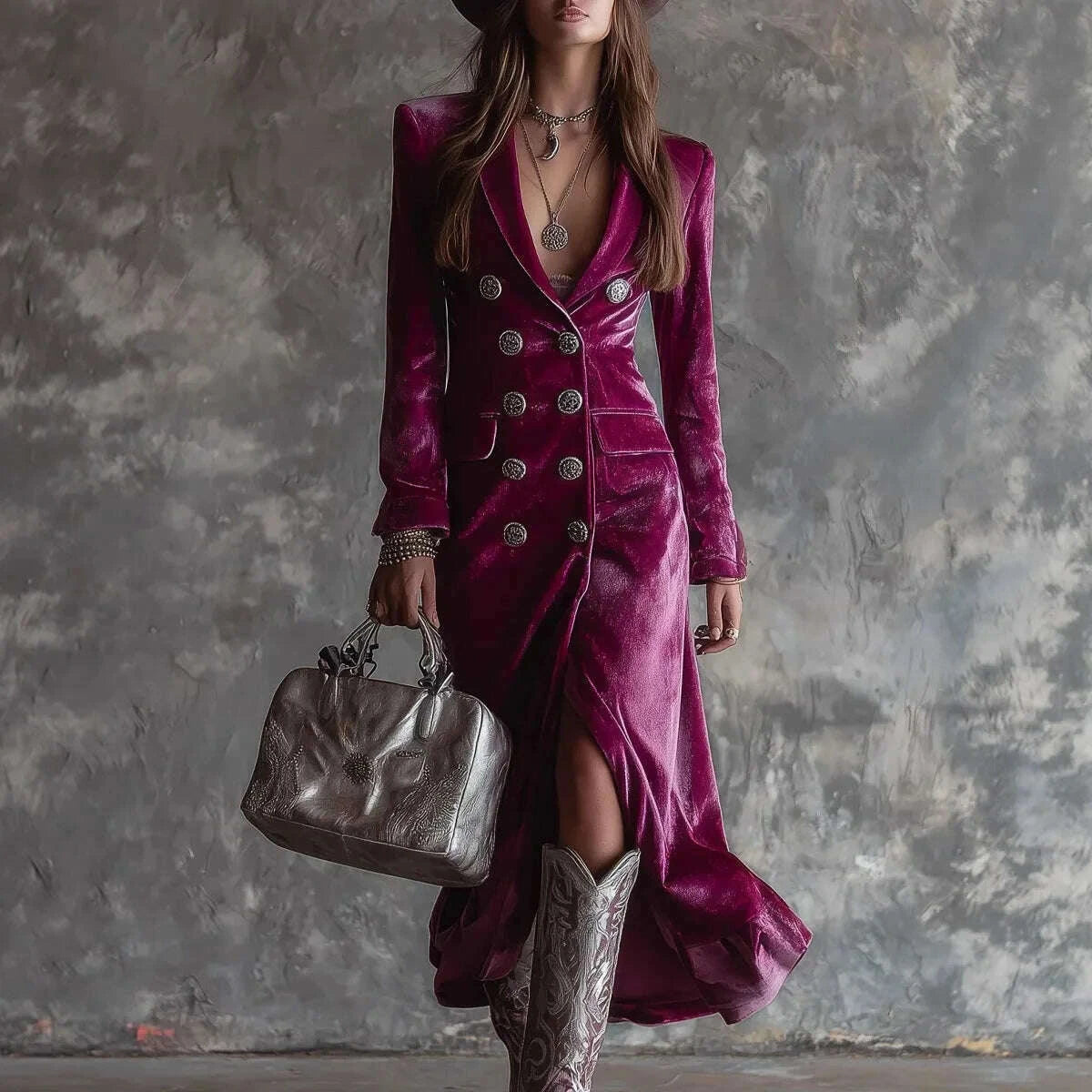 Velvet Double Breasted Dress for Women's Long Sleeve Lapel Collar Split Hem Elegant Vintage Casual Slim Fall Winter Midi Dress Velvet Double Breasted Dress for Women's Long Sleeve Lapel Collar Split Hem Elegant Vintage Casual Slim Fall Winter Midi Dress