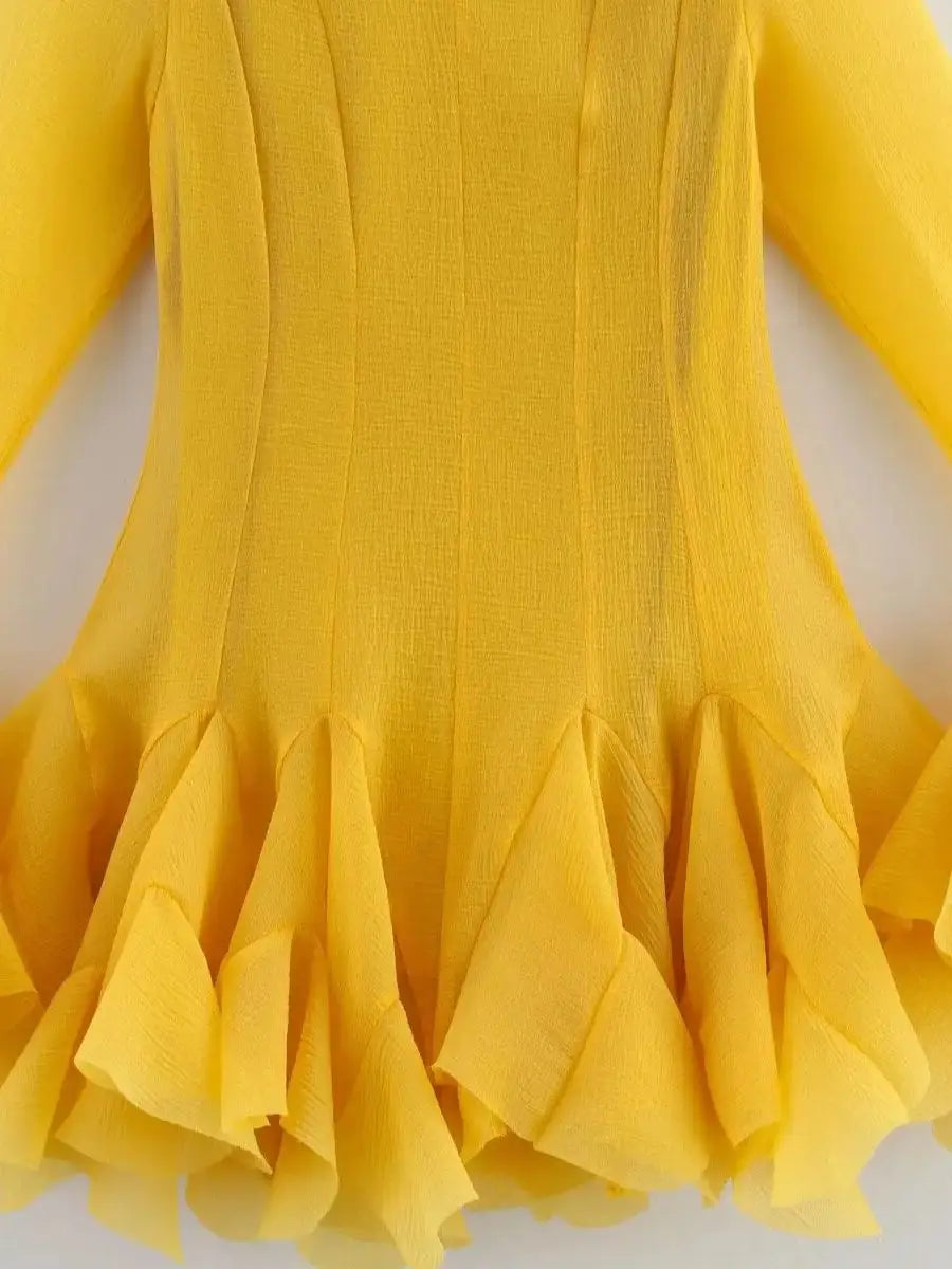 2026 Summer Women's Elegant Multi-Layered Ruffled Hem Mini Dresses Lady Sweet French Style Long Flare Sleeve Slim Fit Puffy Robe