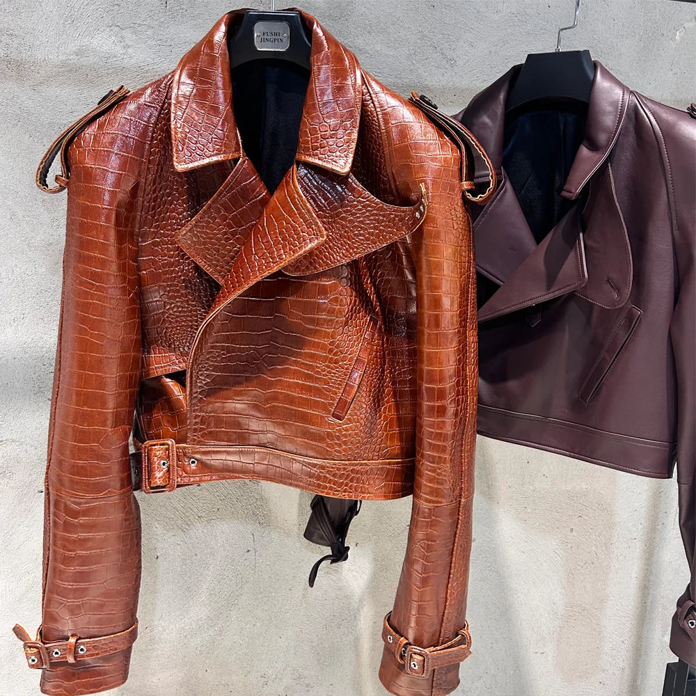 Crocodile Texture Woman Leather Jacket Short Autumn Jacket Leather Fashion Shoulder Pad Jacket