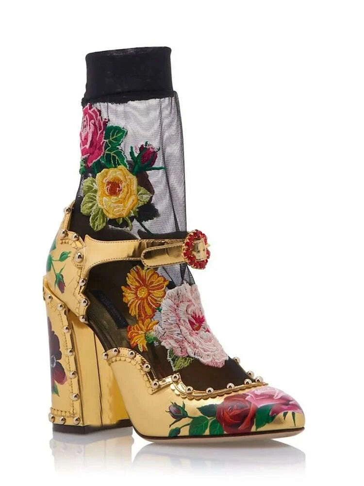 KIMLUD, Gold Flower Pattern Buckle Pumps Pointed Toe Chunky Heel Fashionable Sexy 2025 Summer Big Size Woman Shoes Zapatillas Mujer, KIMLUD Womens Clothes