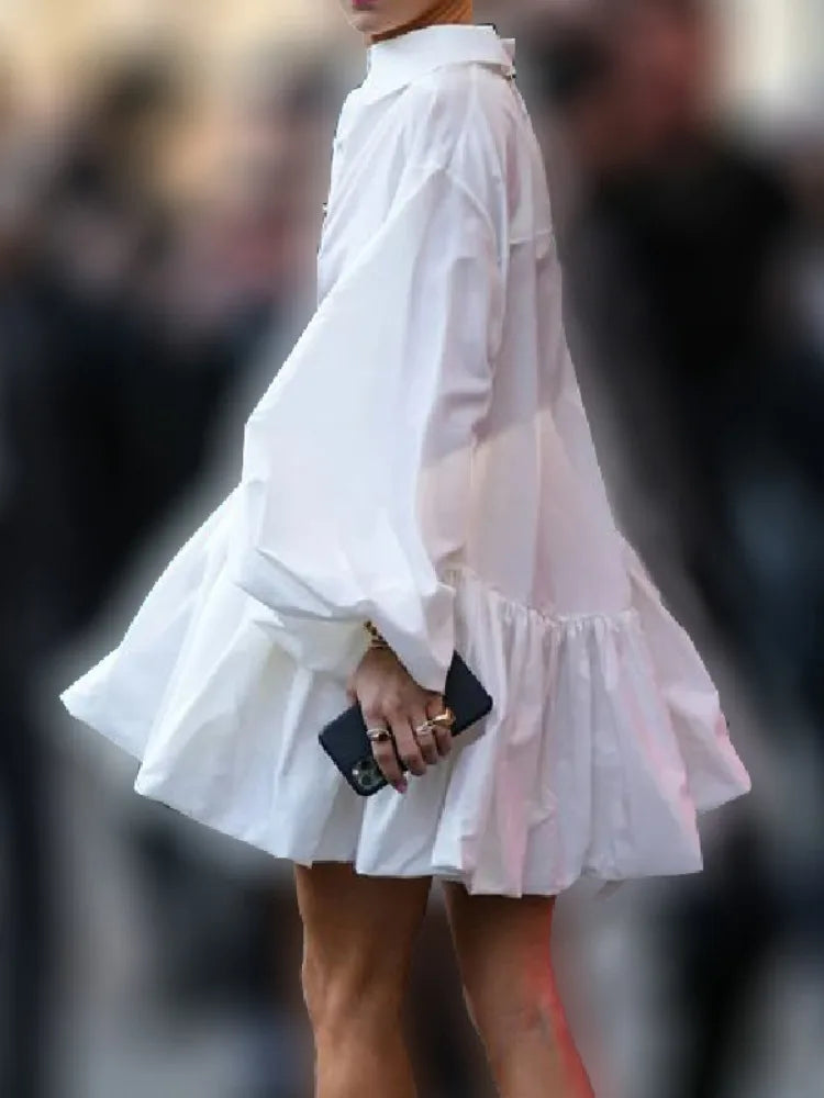 Lemongor Woman Cotton Blend Solid Color Shirts Short Dress 2025 New Fashion Puff Sleeves Pleated Elegant Party Mini Dresses
