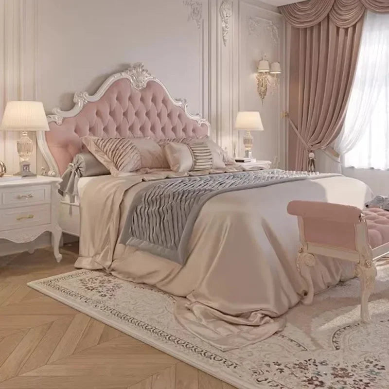 Nordic Beech Wood Bed With Upholstered Headboard — Blush Pink | KIMLUD