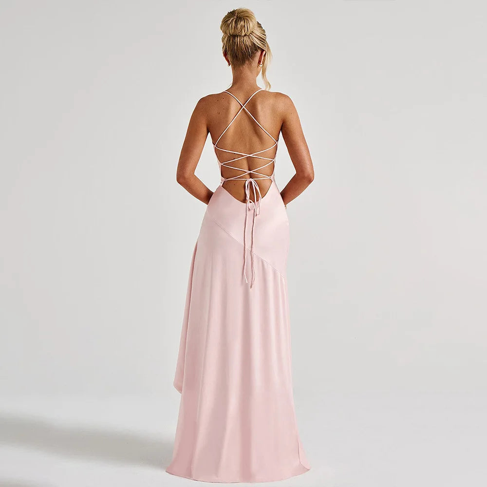 Summer 2025 new temperament elegant satin long skirt personality suspender ruffle high slit dress club clothing Vestidos