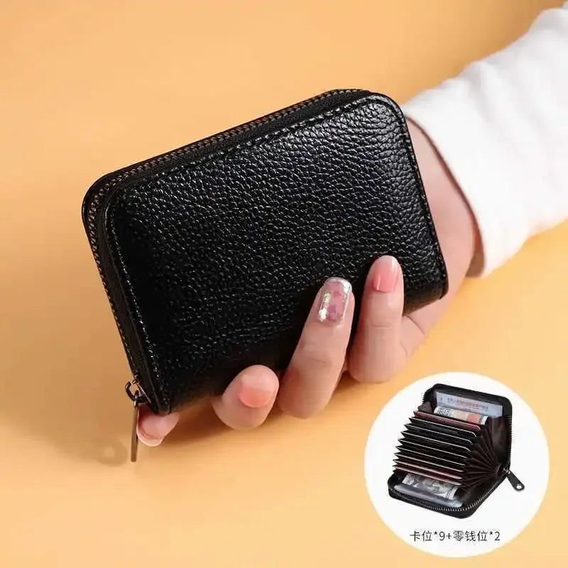 Vintage PU Leather Card Holder Wallet With Multi Slot Zipper — Black | KIMLUD