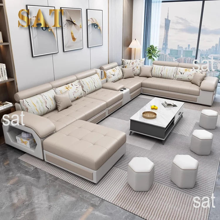 U-Shaped Fabric Sofa Set 7-Seater With Built-In Speakers — Cobalt Blue | KIMLUD