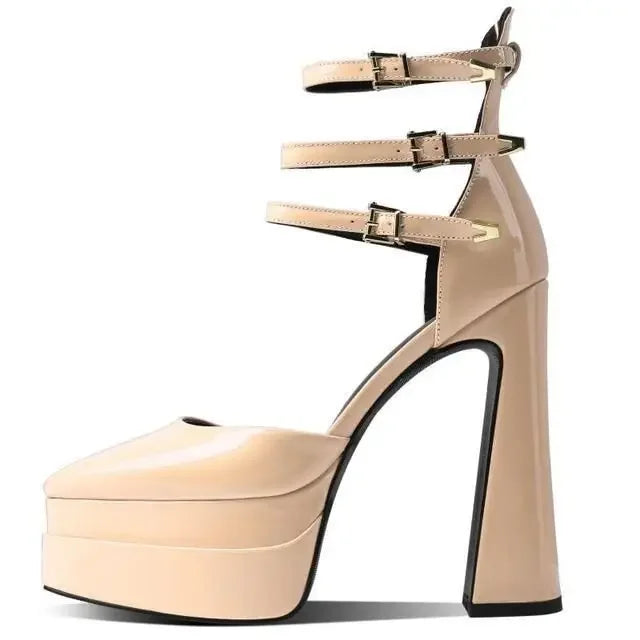 European/american Style Summer Thick Heels High Heels Wrapped Sandals Women's Pointed Belt Buckle Fashionable Women's Shoes