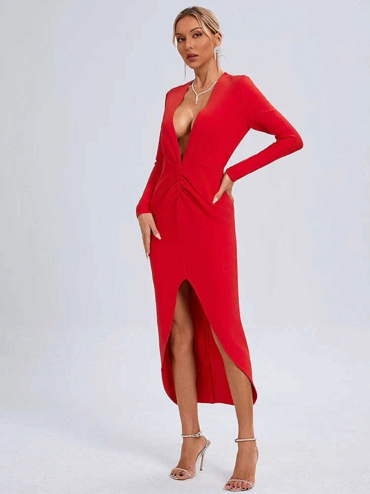 KIMLUD, VC Sexy Red Deep V Plunge Long Sleeves Ruched Bandage Dress Women Pleated Bodycon Maxi Long Evening Party Club Gown, KIMLUD Womens Clothes