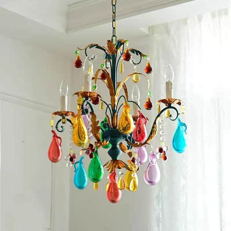 French Colorful Restaurant Chandelier Art Glass Lamp Romantic Bedroom Lamp Retro Colorful Candle Chandelier Crystal Lamp