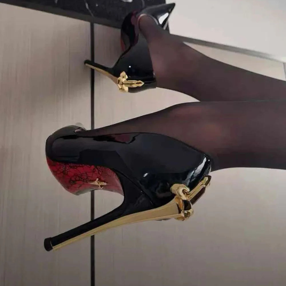 Super Fiber Leather High Heels Power-Sword Snake-Patterned — Red | KIMLUD