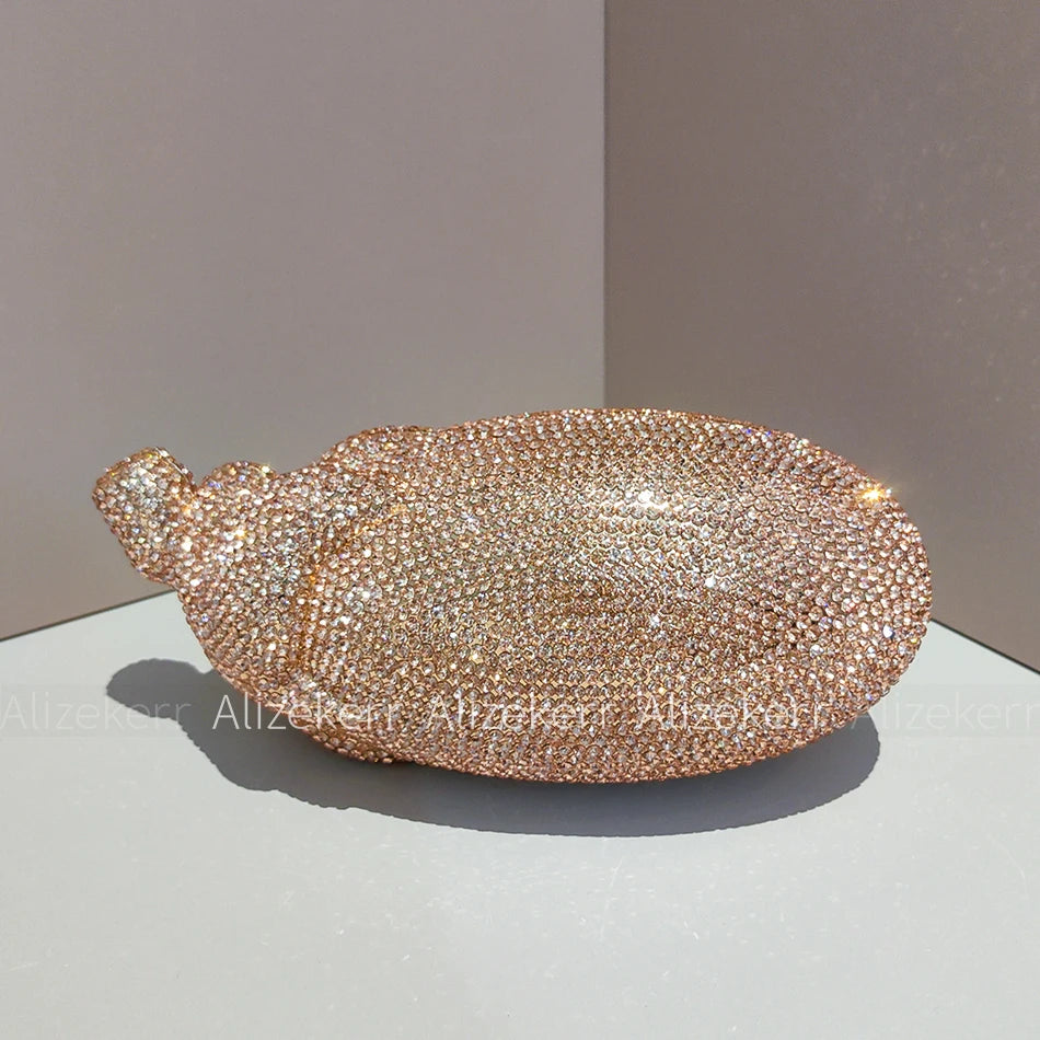 Alizekerr Eggplant Shaped Diamond Evening Bags Women Gorgeous Metallic Rhinestone Purses Ladies Unique Handbags Wedding Party