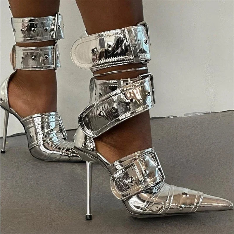 New Women's Denim Metal Rivet Buckle Sandals Women's Sexy Punk Style Pointed Hollow Metal 11cm High Heel Knee High Boots Size43