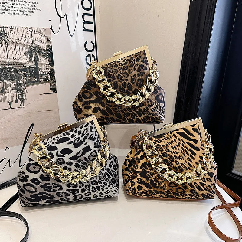 Fashion Leopard Print Purse and Handbags Thick Chain Hand-held Crossbody Bags for Woman Shoulder Bags Trend Designer Bag Сумка
