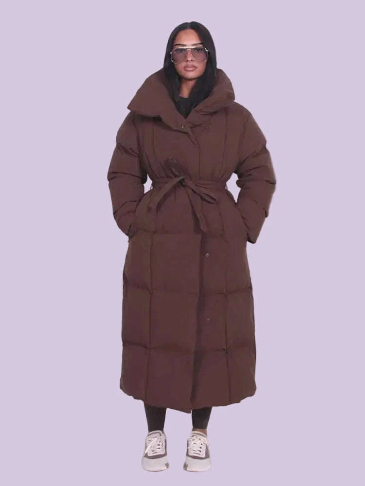 Warm Women's Puffy Quilted Hooded Long Cotton Coat Loose Solid Stand Collar Lace Up Zipper Overcoats 2025 Winter Lady Outwear
