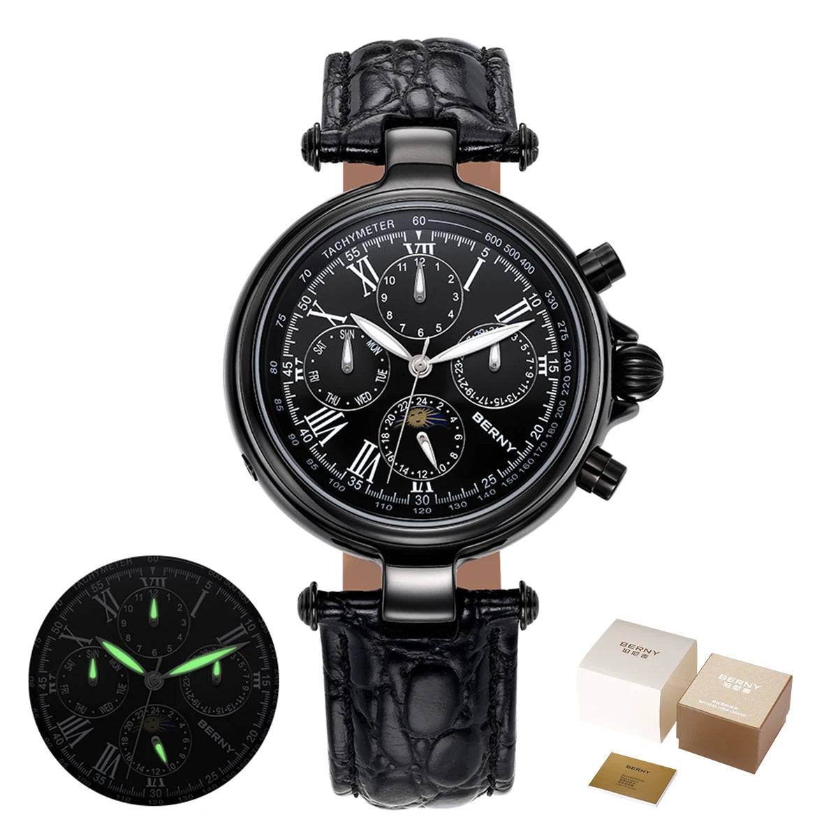 Genuine Leather Retro Automatic Watch — Black | KIMLUD