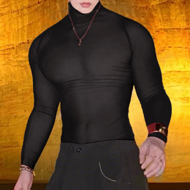 Mesh Long Sleeve See-Through Turtleneck Tee With Slim Silhouette — Black | KIMLUD