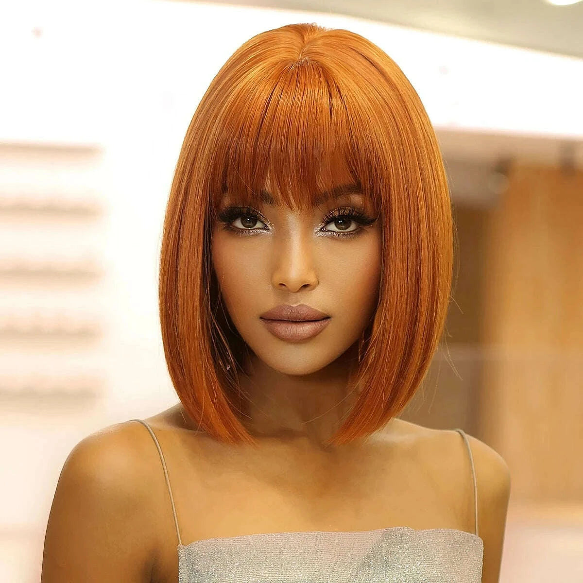 KIMLUD, Short straight synthetic wig Ginger Brown Bob wig with straight bangs Ladies Cosplay daily natural high temperature silk wig, KIMLUD Womens Clothes