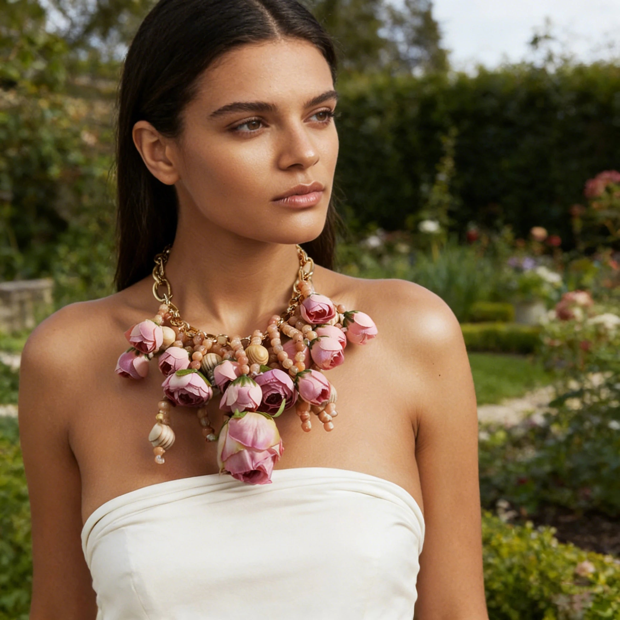 Statement Three-dimensional Rose Cluster Beads Necklace for Women Girl Wedding Party Jewelry