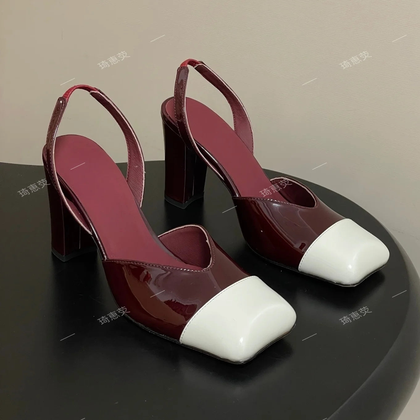 Genuine Leather Patchwork Slingback Sandals Thick Heel With Glossy Toe Cap — Beige | KIMLUD