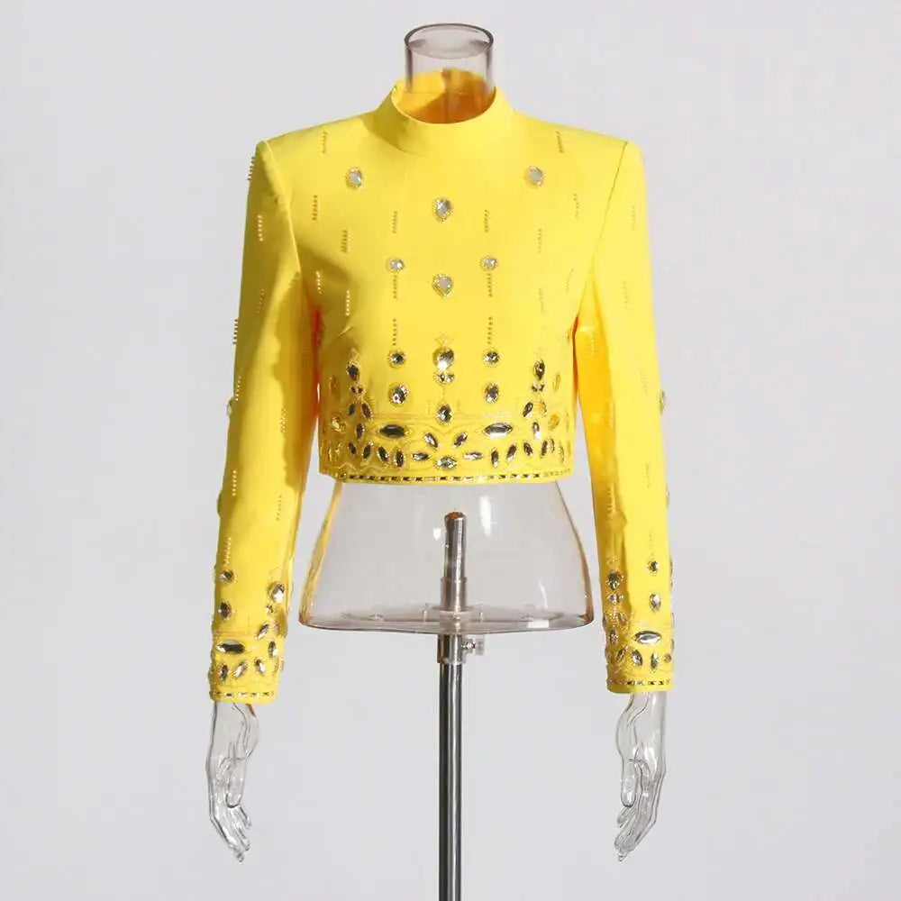 KIMLUD, TWOTWINSTYLE Solid Spliced Diamonds Two Piece Set For Women Stand Collar Long Sleeve Tops High Waist A Line Skirt Set Female New, KIMLUD Womens Clothes