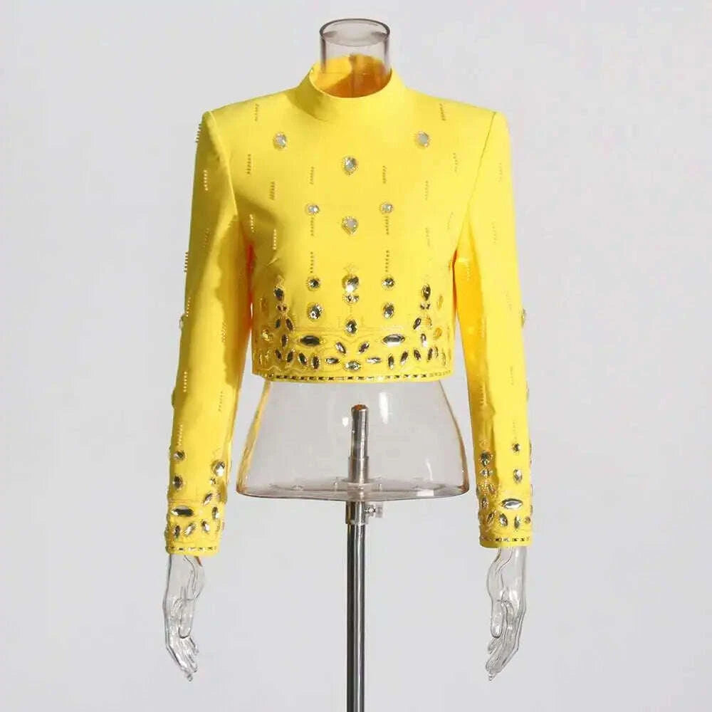 KIMLUD, TWOTWINSTYLE Solid Spliced Diamonds Two Piece Set For Women Stand Collar Long Sleeve Tops High Waist A Line Skirt Set Female New, KIMLUD Womens Clothes