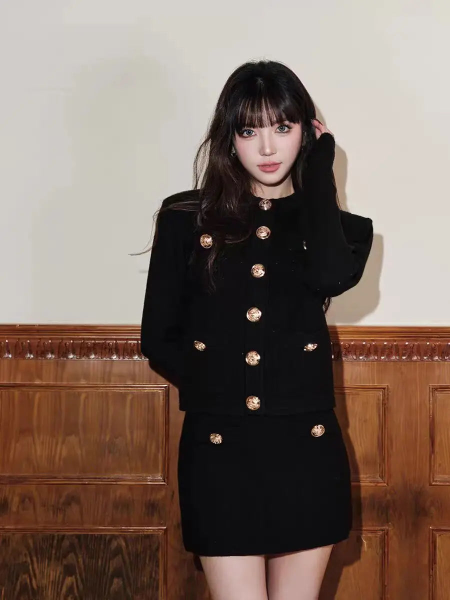 KIMLUD, 2025 New Autumn Winter Golden Buckle Knitted Two-piece Sets Women's Korean Fashion Round Neck Long Sleeve Slim Fit Skirt Suits, KIMLUD Womens Clothes