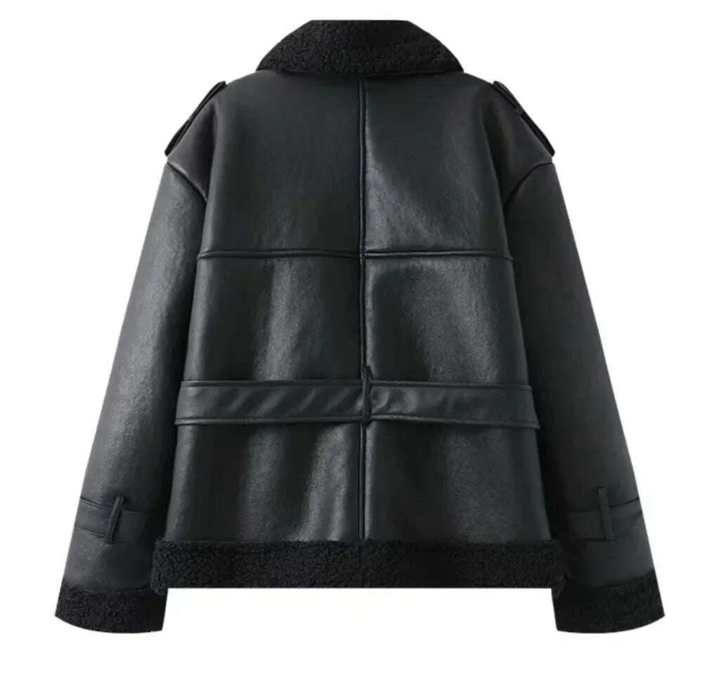 KIMLUD, Faux Fur Leather Long Jacket Women Lapel Long Sleeve Belt Thicken Female Coats Winter Fashion Street Patchwork Lady Outwear, KIMLUD Womens Clothes