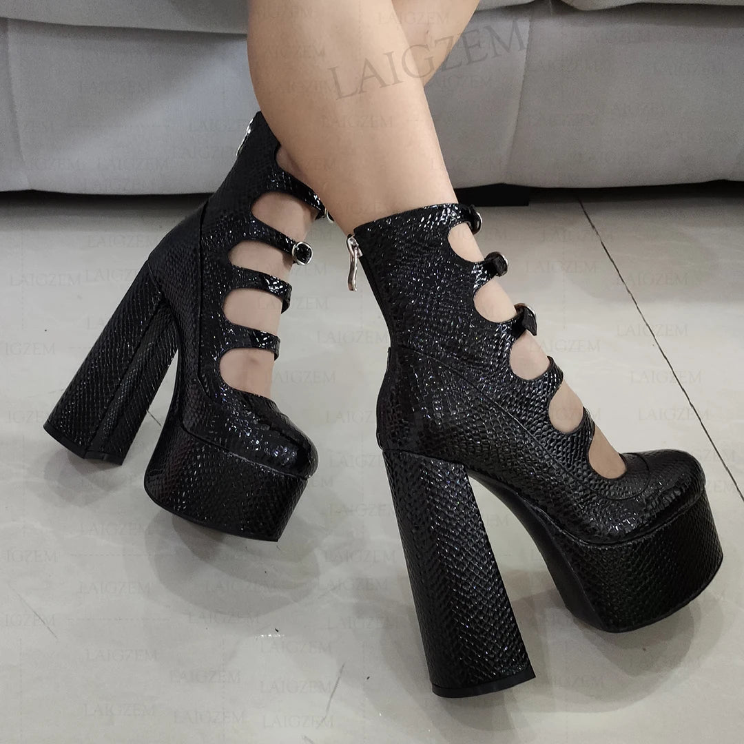 Synthetic Round Toe Pumps With Back Zip And Buckle Straps For A Sculpted Evening Silhouette — Black | KIMLUD