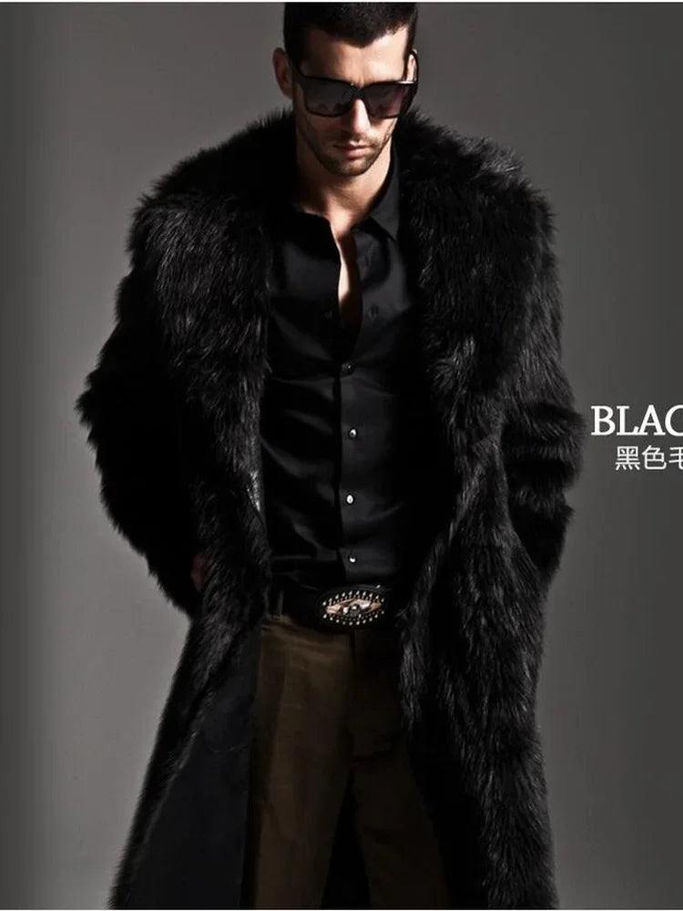 Men's Faux Fur Long Overcoat – Large Lapel Fur – Worsted | KIMLUD