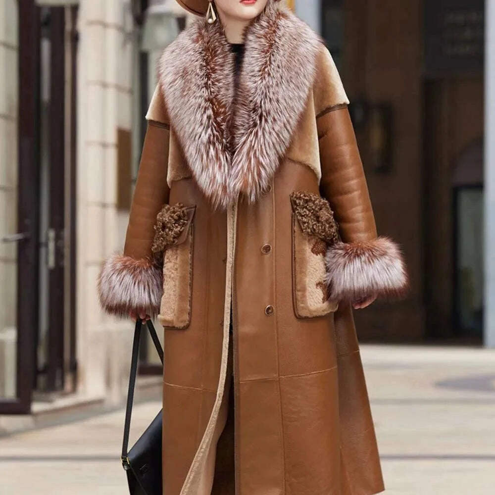 KIMLUD, Slim Long Real Leather Jackets Women Fashion Solid Buttons Coats Women Elegant Tie Belt Waist Pockets Jackets Female Ladies, KIMLUD Womens Clothes