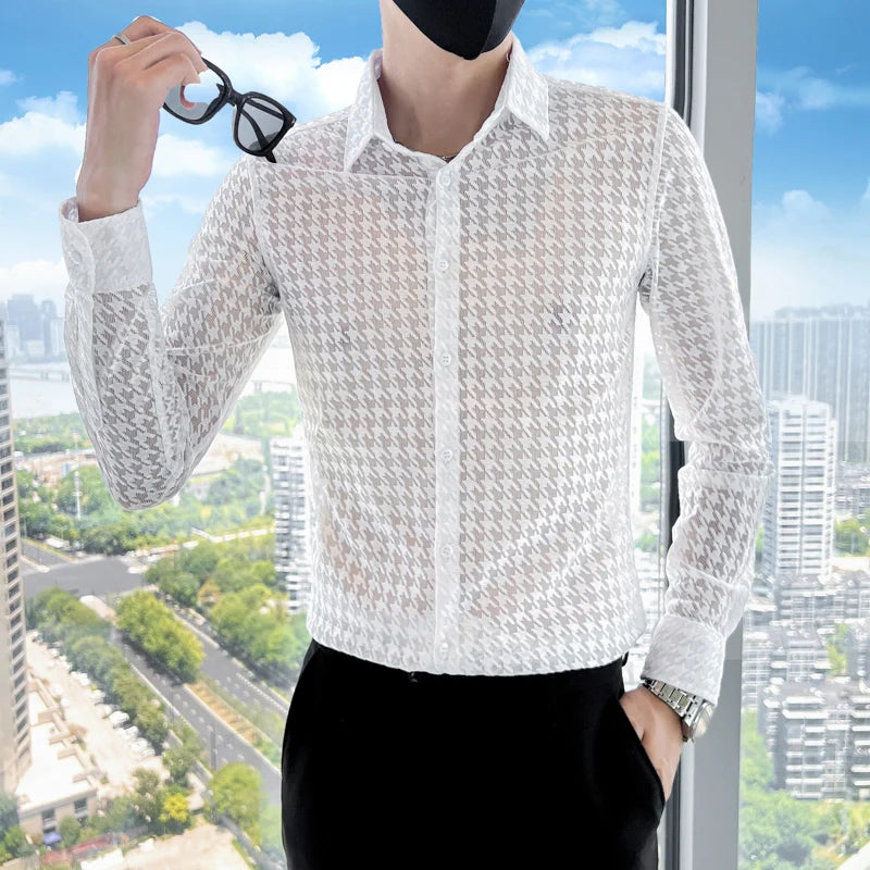 Mesh Transparent Long Sleeve Shirt Plaid Print, See-Through Mesh Texture, Sleek Slim Fit — Black | KIMLUD