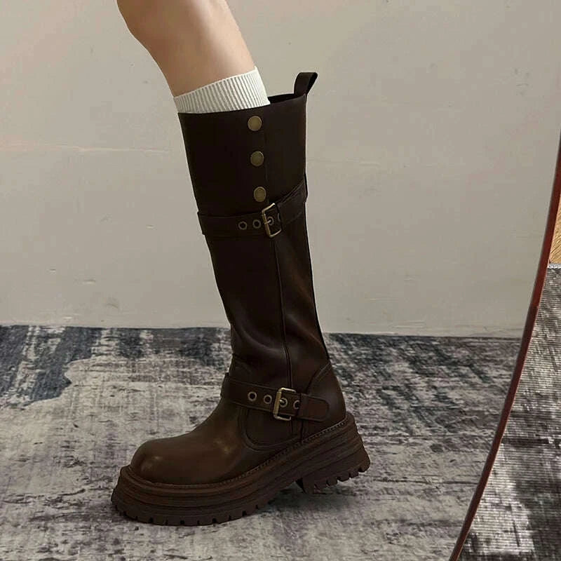 KIMLUD, Winter Vintage Platform Thick Sole Woman Knight High Boots Concise Belt Buckle Front zipper Shoes Ladies Slim Modern Long Botas, KIMLUD Womens Clothes