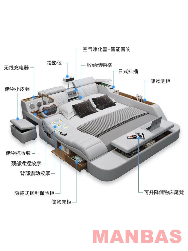 Genuine Leather Bed With Projector USB Speaker — White | KIMLUD