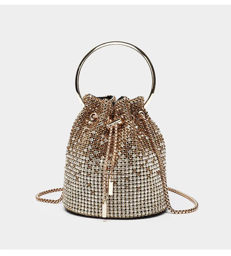 Diamond-Embellished Bucket Bag Water Drop — Champagne Gold | KIMLUD