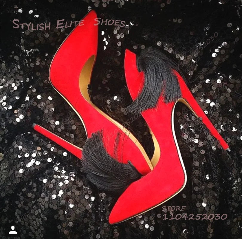 Purple Heel Tassel Suede Stiletto Feather Sandals Pointed Heels Women Hollow Pump Red Light Yellow Dance Fuchsia Cute Party Shoe