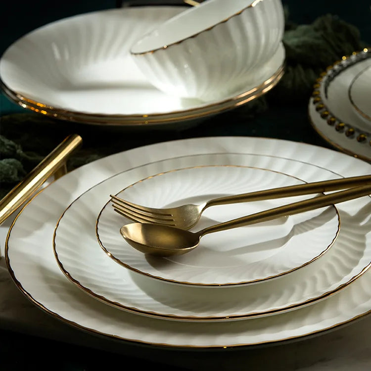 Bone China Dinnerware Set With Gold Accents — White | KIMLUD