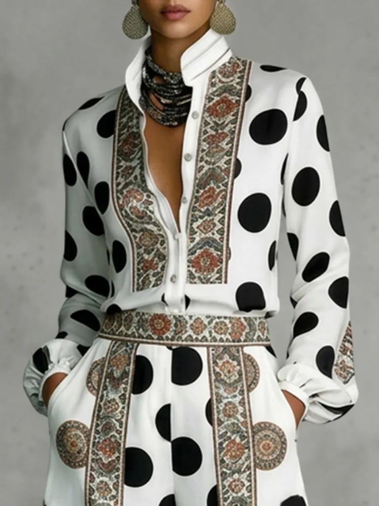 Blouse – Stand Collar – Polyester Fiber – Floral Polka Dot | KIMLUD