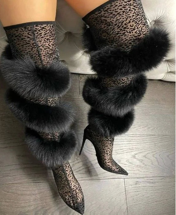 Lace Leopard Print Thigh-High Boots — Black | KIMLUD