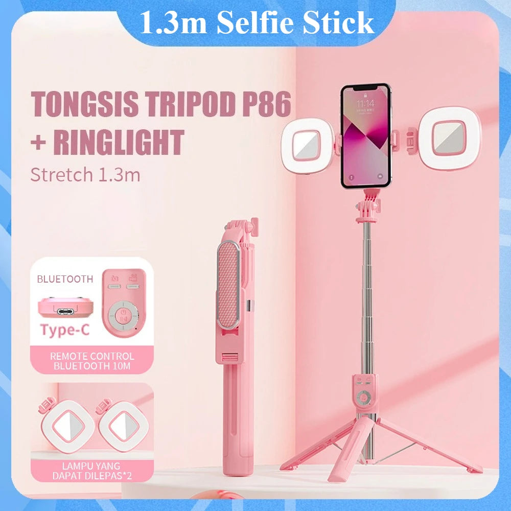 1.3m Portable Selfie Stick Retractable Tripod Phone Stand with Dual Fill Lights 360° Rotating Photography Live Streaming Devices