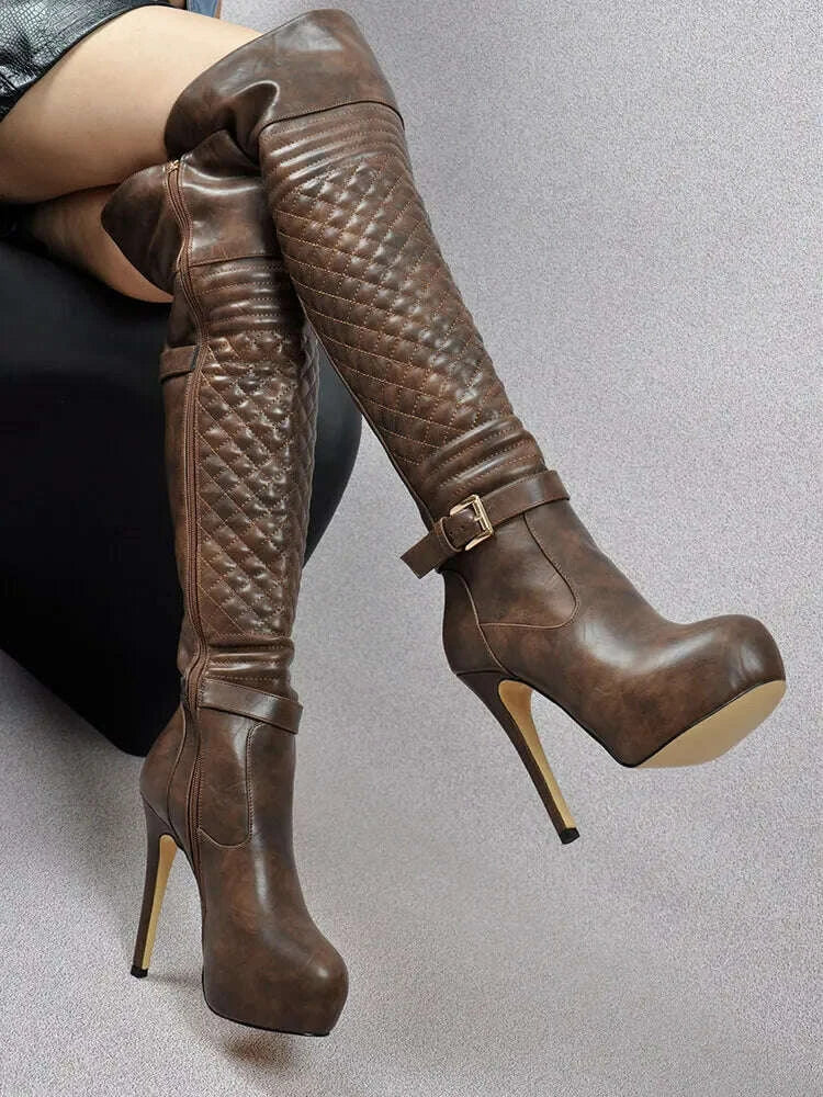 KIMLUD, Onlymaker Women Over The Knee Boots Thin High Heel Lady Black Metal Chain Decoration Zipper Female Platform Boots, KIMLUD Womens Clothes