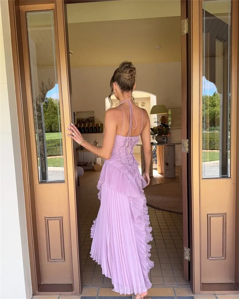Mozision Elegant Off-shoulder Ruffle Sexy Maxi Dress Women Fashion Halter Sleeveless Backless Draped Pleated Club Party Dress