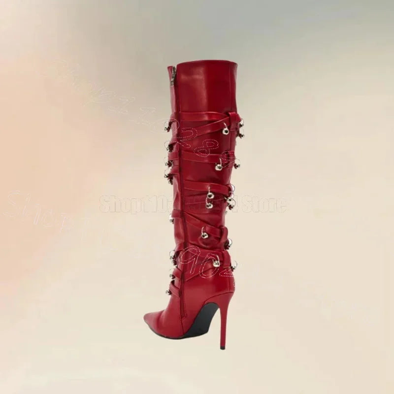 Boots – Metal Circle Rivet – Pointed Toe High Heel – Red | KIMLUD
