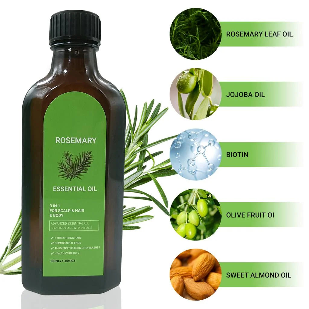 3-in-One Hair Care Essential Oil: Rosemary Essence Oil Nourishes and Moisturizes Hair, Repairs Damage and Improves Irritability