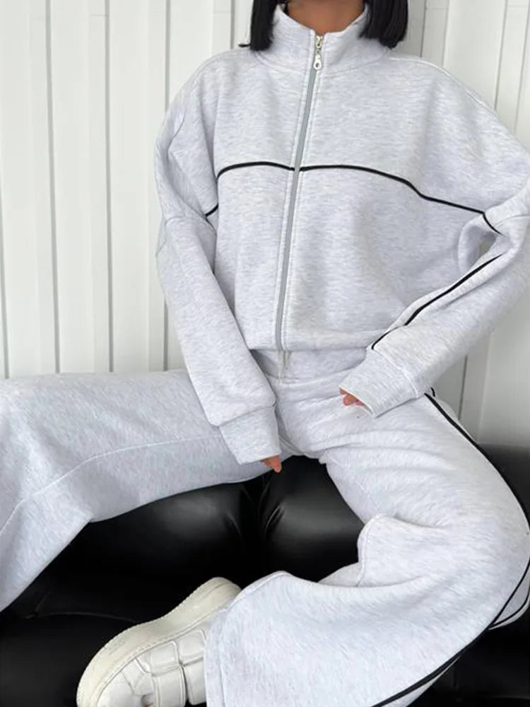 Cotton-Polyester Knit Cardigan Set With Tailored Wide-Leg Trousers — Cream | KIMLUD