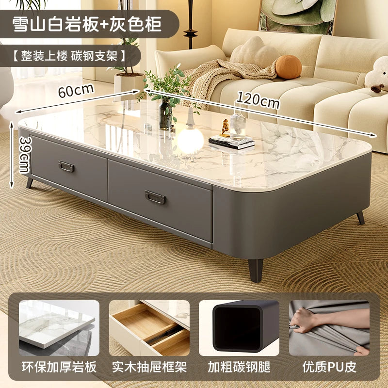 Rock-Slab Coffee Table With Wooden Frame — White | KIMLUD