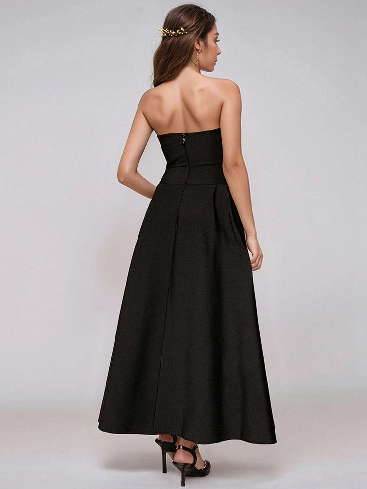 VC Glamorous Black Sleeveless Strapless Dress with Diamond-Grid Details for Galas Gown