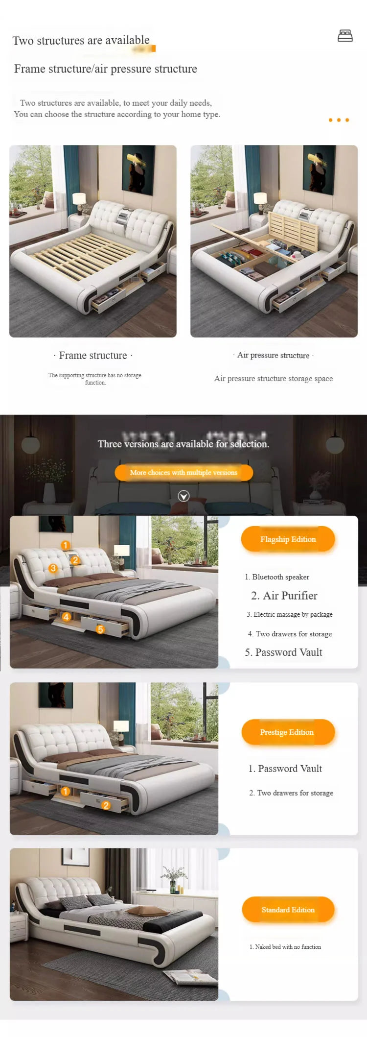 Genuine Leather Upholstered Electric Massage Bed King Size With Storage And Gas Lift — Custom Color | KIMLUD