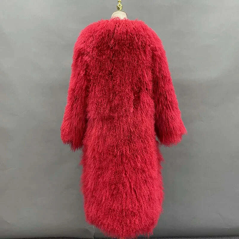 KIMLUD, Long Mongolian Real Fur Coat For Women Elegant Fluffy Solid Thicken Warm Long Sleeves Coats Winter Chic Long Style, KIMLUD Womens Clothes