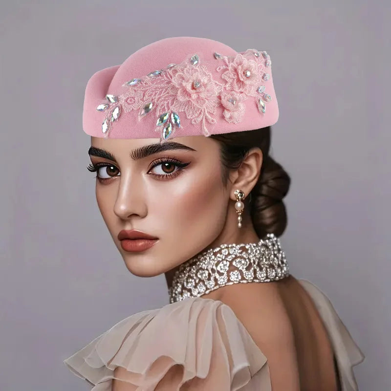 Beret Hat – Flower Embellishment – Polyester – Red and White | KIMLUD