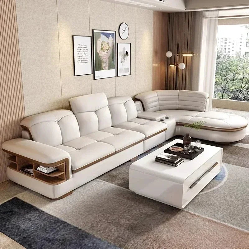 Genuine Leather Solid L-Shaped Sofa — Black | KIMLUD